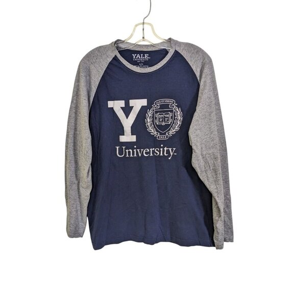Yale University Mens XL Yale T Shirt Graphic Tee Raglan Sleeve Navy Blue Gray - Picture 1 of 4